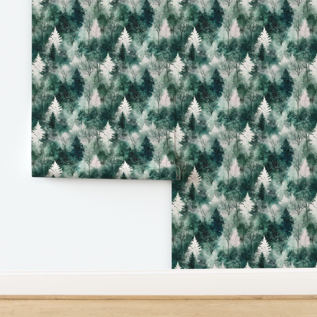 Small Endless Winter Tree Dreamscape Trees in Cool Teal Misty Forest Wallpaper design