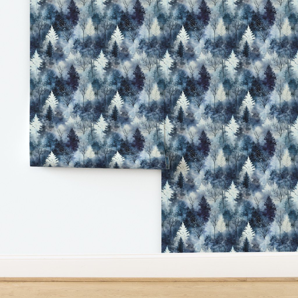 Small Endless Winter Tree Dreamscape Trees in Deep Blue Misty Forest Wallpaper design