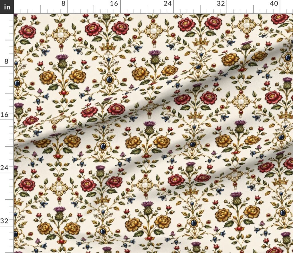 Elizabethan Rainbow Portrait Floral Damask Queen Dress Motif Large Fabric design