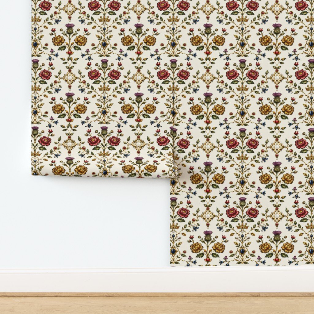 Elizabethan Rainbow Portrait Floral Damask Queen Dress Motif Large Wallpaper design