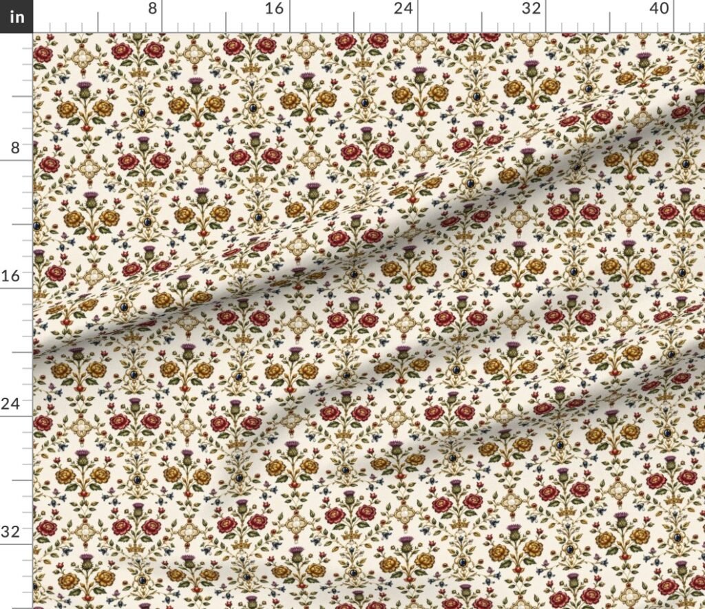 Elizabethan Rainbow Portrait Floral Damask Queen Dress Motif Large Scale Fabric design