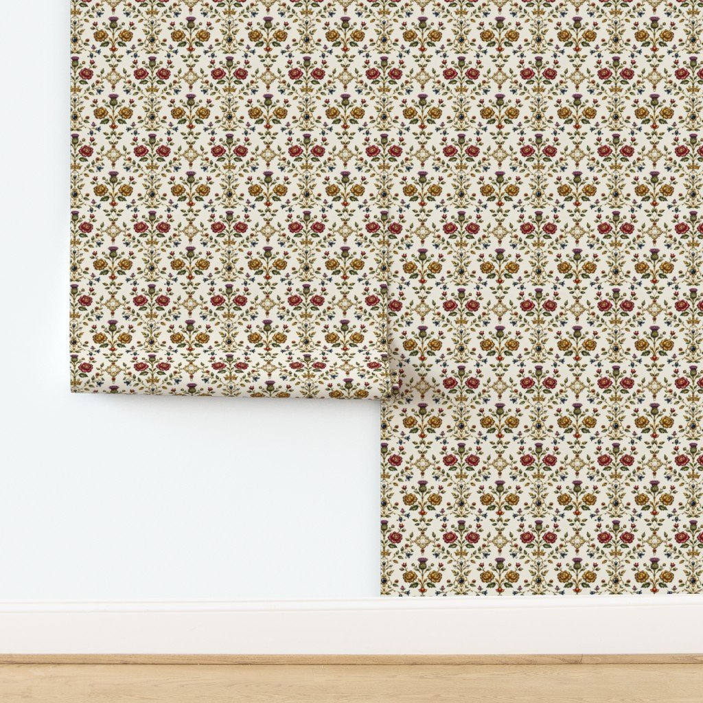 Elizabethan Rainbow Portrait Floral Damask Queen Dress Motif Large Scale Wallpaper design