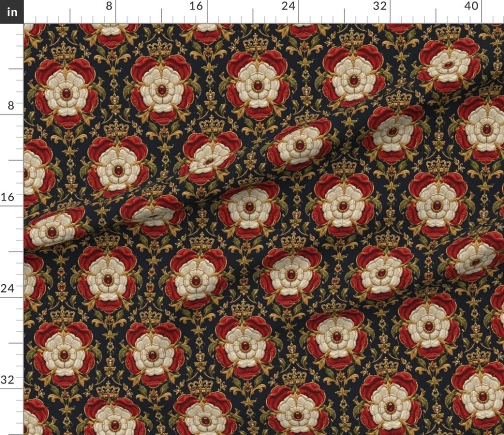 Large Royal Tudor Rose Crown Damask on Midnight Black Fabric design