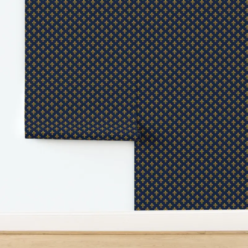 Small Royal French Fleur de Lis Gold on Deep Bourbon Blue Pattern Wallpaper design