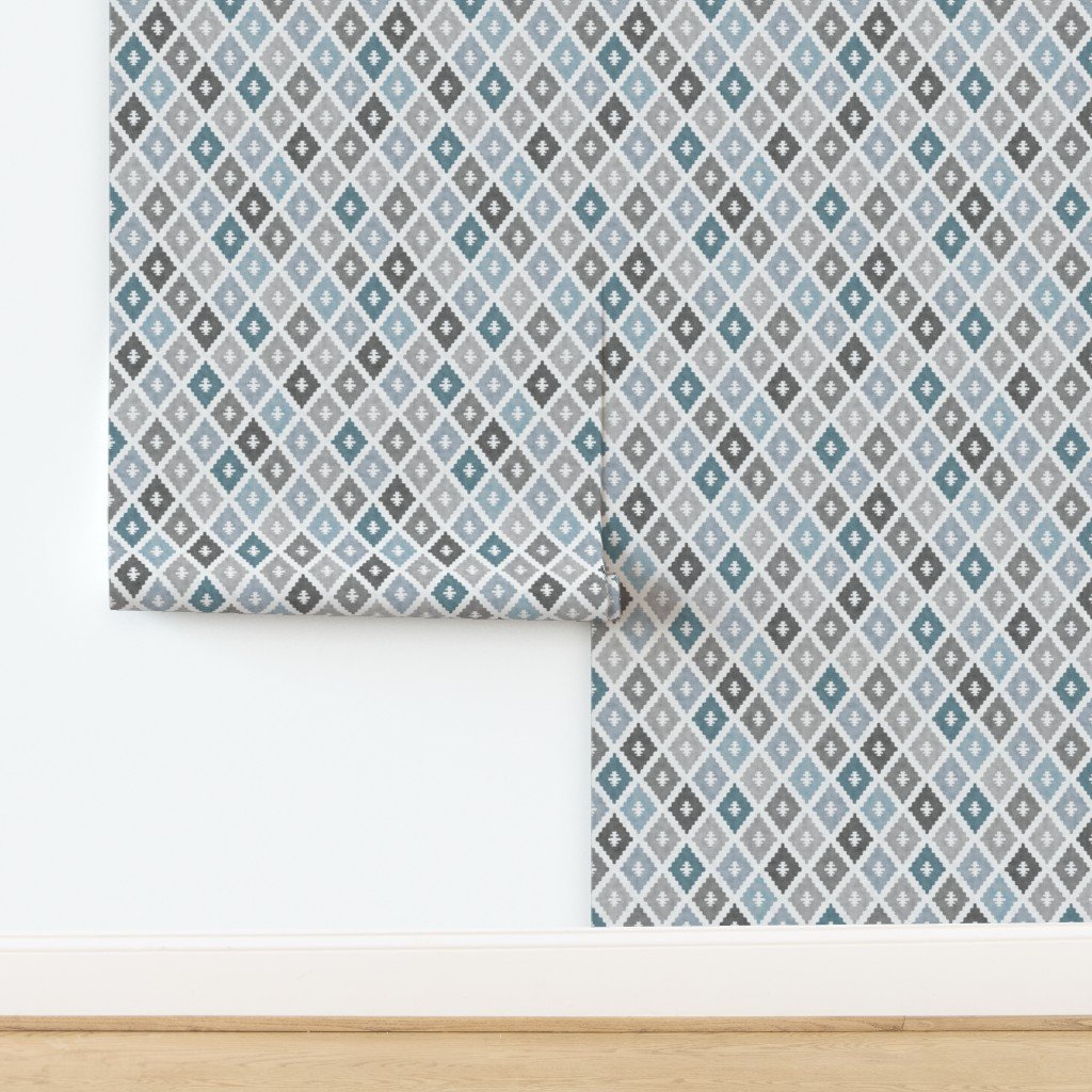 Small Sun Faded Mediterranean Diamond Pattern in Stormy Sea Blue Interior Collection design