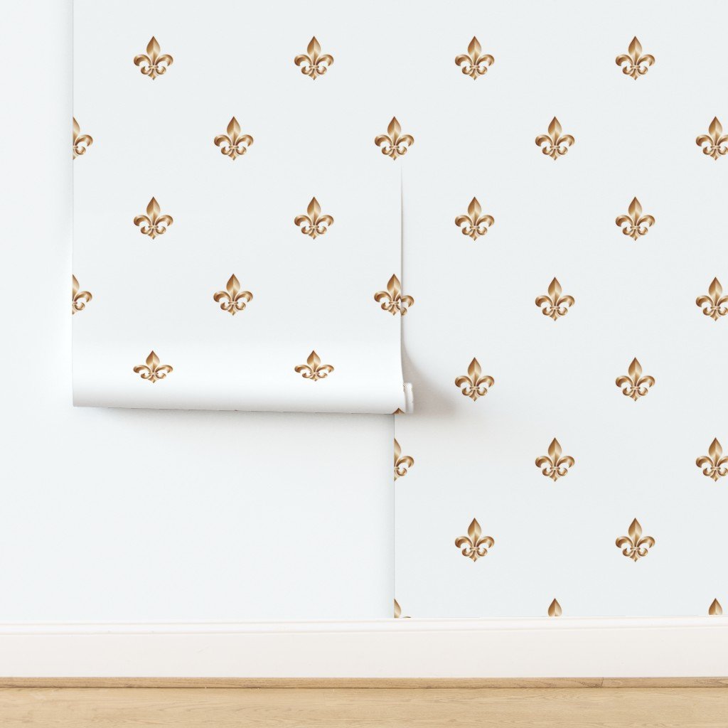 Faux-Effect Metallic Gold Fleur de Lis Royal Symbols on Wedding White Wallpaper design