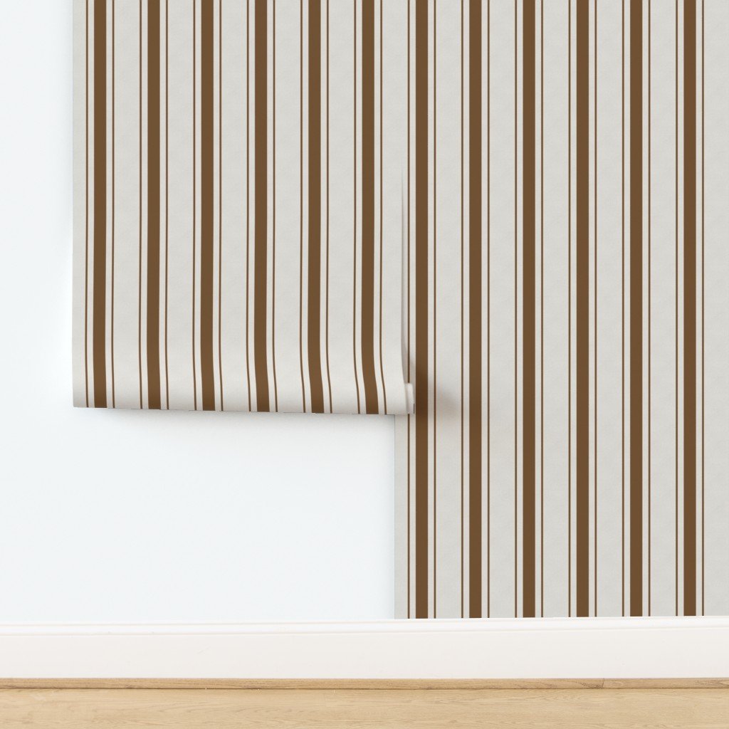 Coffee Brown Antique Vintage Mattress Ticking Stripe on Cream Wallpaper design