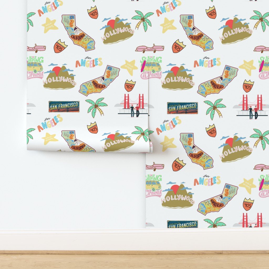California Hand drawn Motifs Golden Gate Bridge Hollywood Sign Palm Wallpaper design