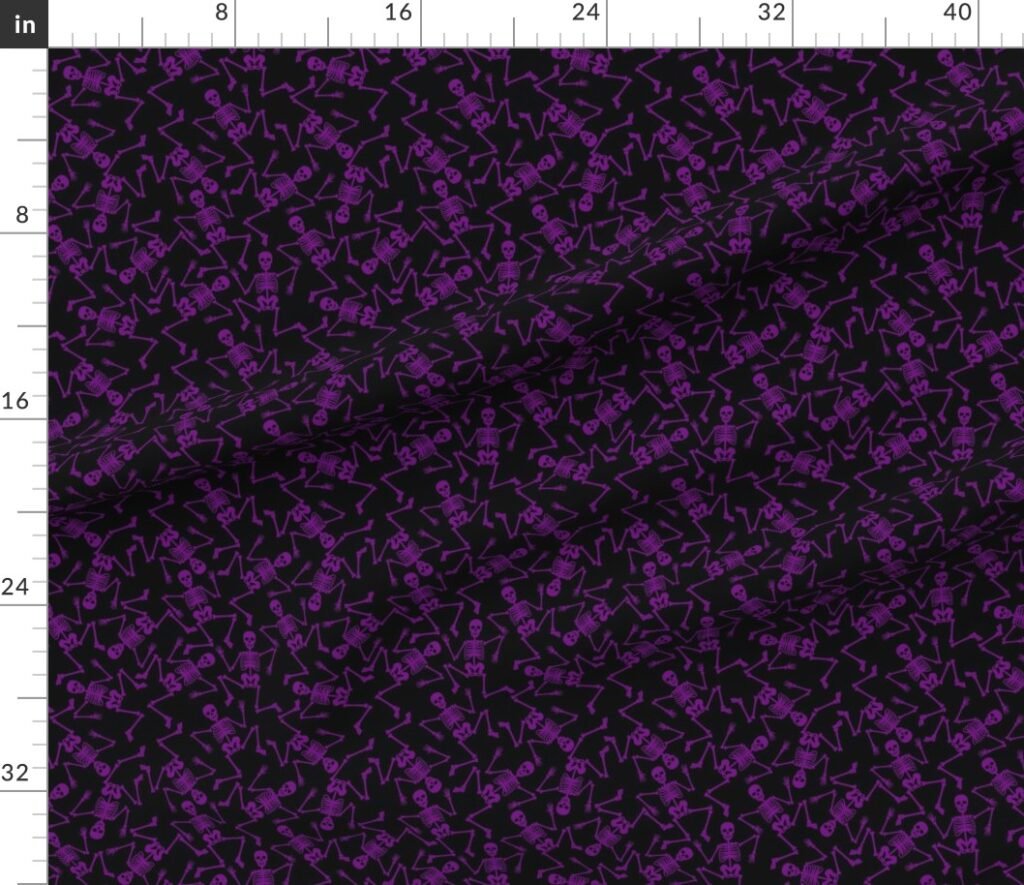 Small Purple Dancing Halloween Skeletons Scattered On Black Fabric design