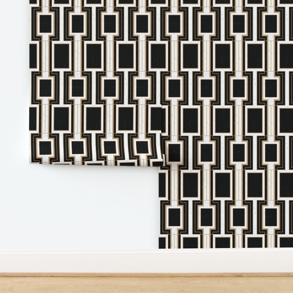 Small Art Deco Geometric Rectangles in Cracked Black and Faux Gold Wallpaper design