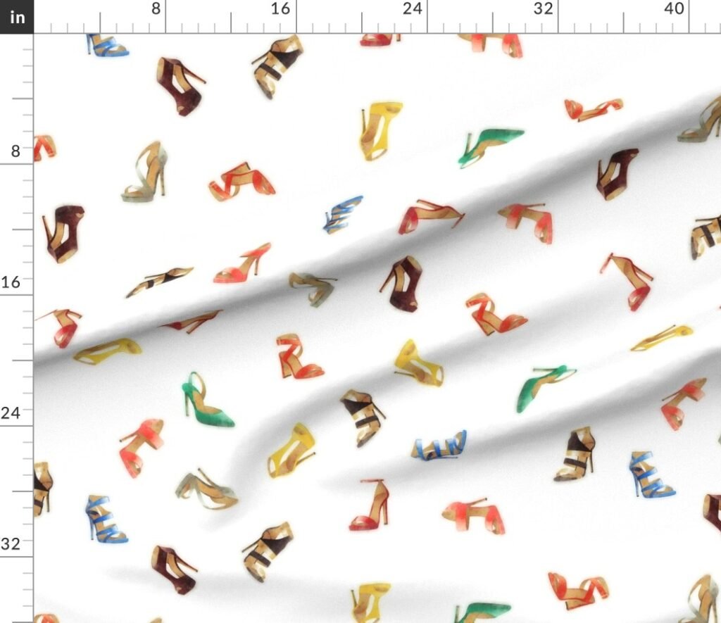 Vintage Multicolor Watercolor High Heel Shoes Tossed Pattern Fabric design