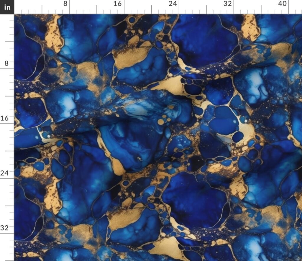 Cobalt Blue and Gold Alcohol Ink 1 Fabric design