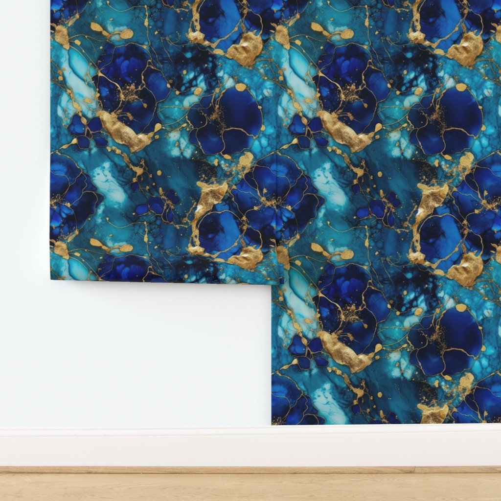 Gold and Blue Sapphire Alcohol Ink 2 Wallpaper design