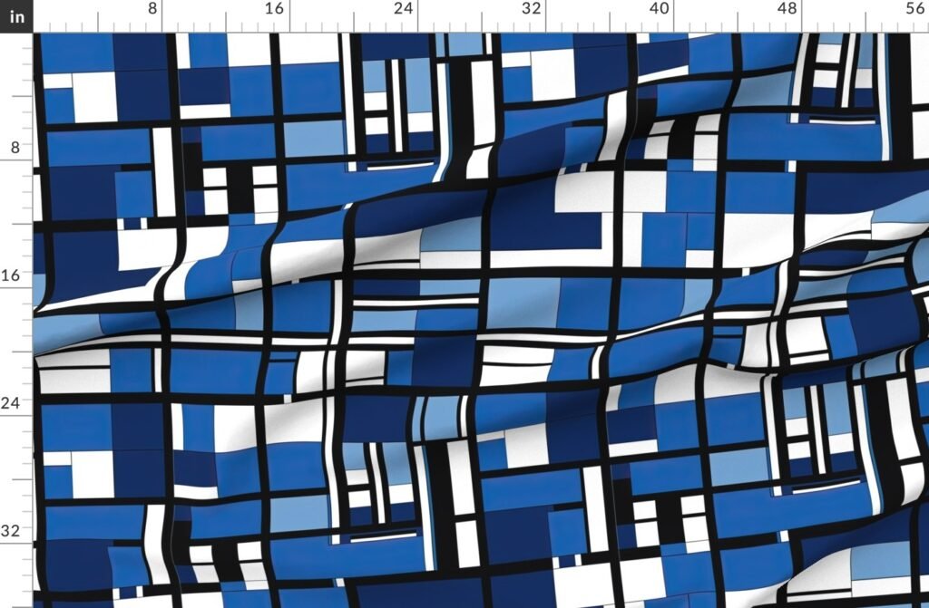 De Stijl Geometric Color Pattern in Blue Fabric design