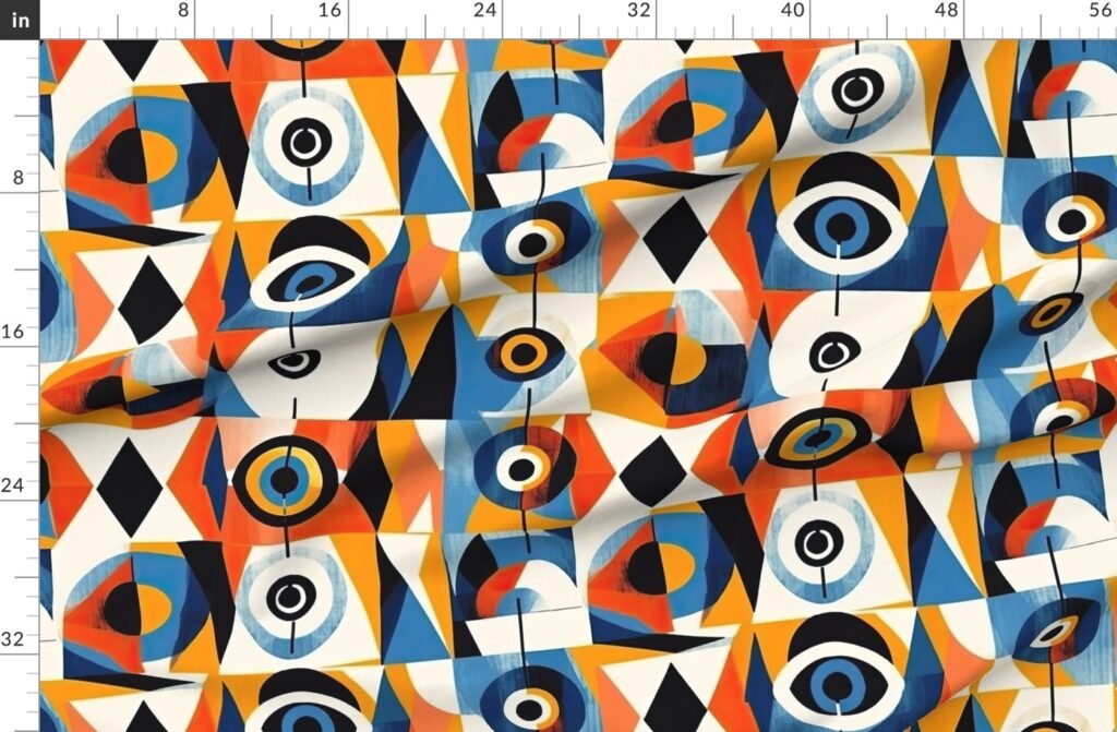 Evil Eye in Geometric Pattern of Bright Colors Fabric design