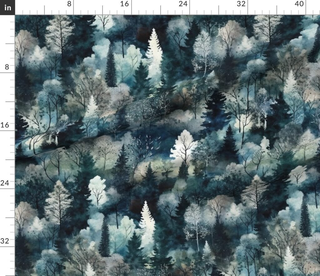 Endless Winter Tree Dreamscape Trees in Misty Forest Fabric design