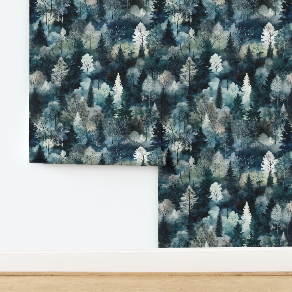 Endless Winter Tree Dreamscape Trees in Misty Forest Wallpaper design