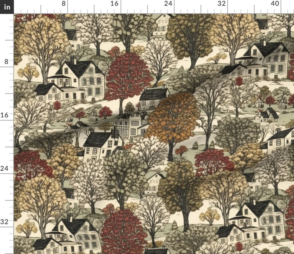 New England Village Houses with Trees in Muted Colors Fabric design