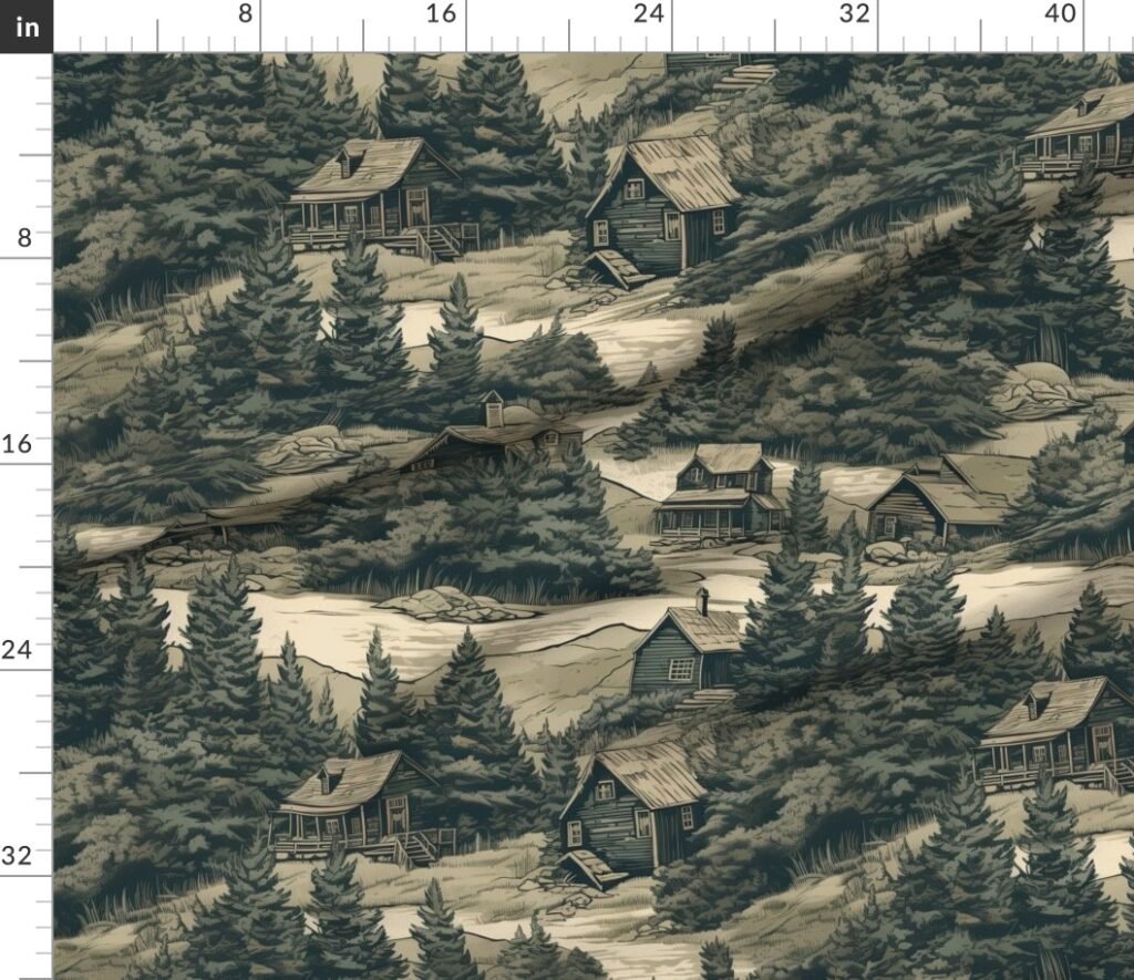 Montana Treescape Evergreens with Cabins Fabric design