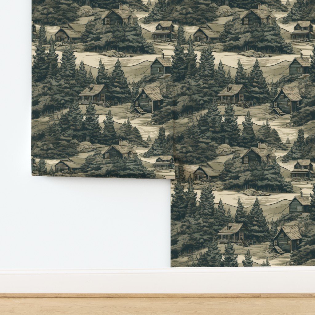 Montana Treescape Evergreens with Cabins Wallpaper design