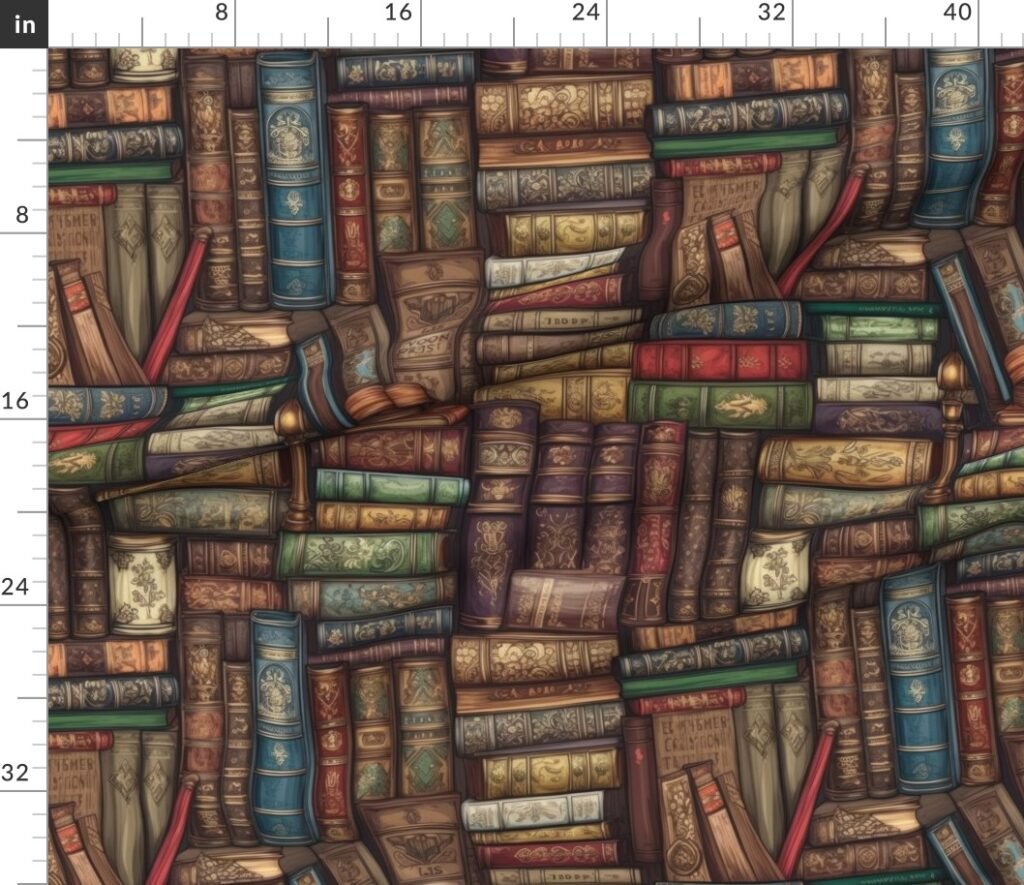 Stacked Bound Vintage Books on Library Book Shelf Fabric design