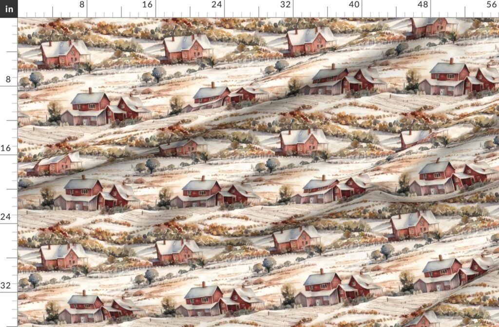 Winter Snowy Farm Landscape Watercolor Fabric design