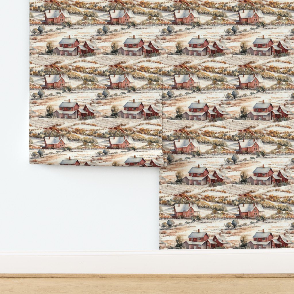 Winter Snowy Farm Landscape Watercolor Wallpaper design