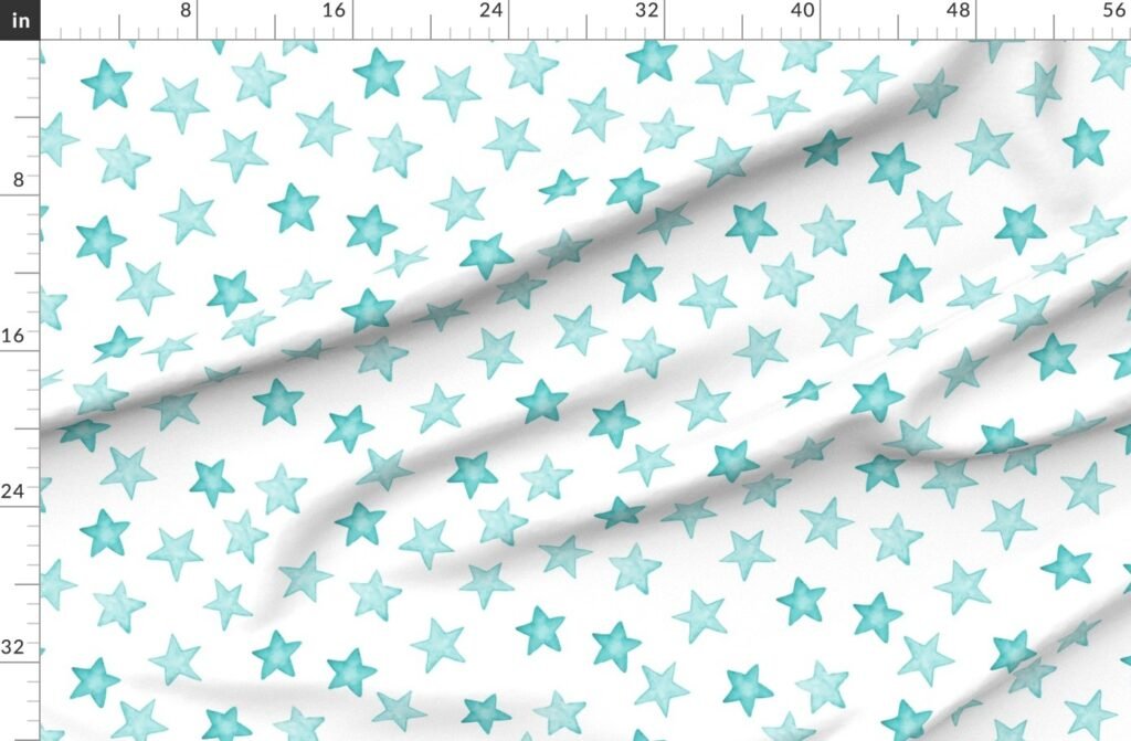 Large Faded Aqua Christmas Stars on White Fabric design