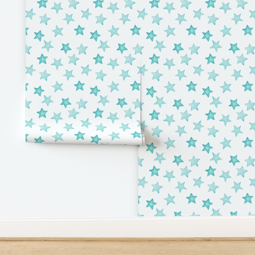 Large Faded Aqua Christmas Stars on White Wallpaper design