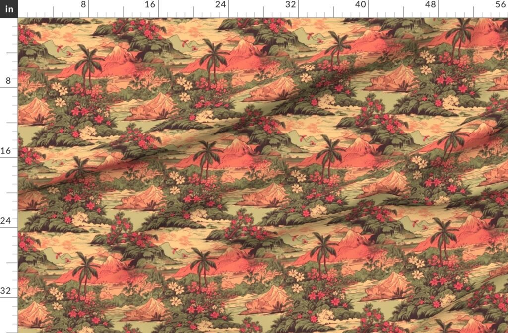 Small Vintage Hawaiian Landscape in Sage Green and Orange Fabric design