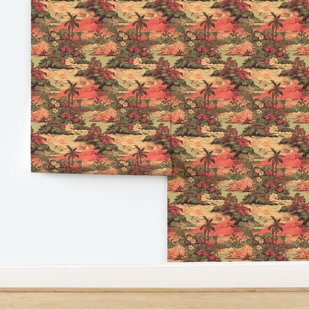 Small Vintage Hawaiian Landscape in Sage Green and Orange Wallpaper design