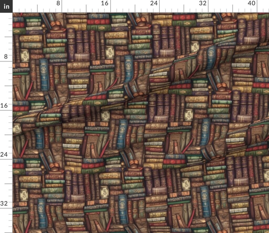 Small Stacked Bound Vintage Books on Library Book Shelf Fabric design