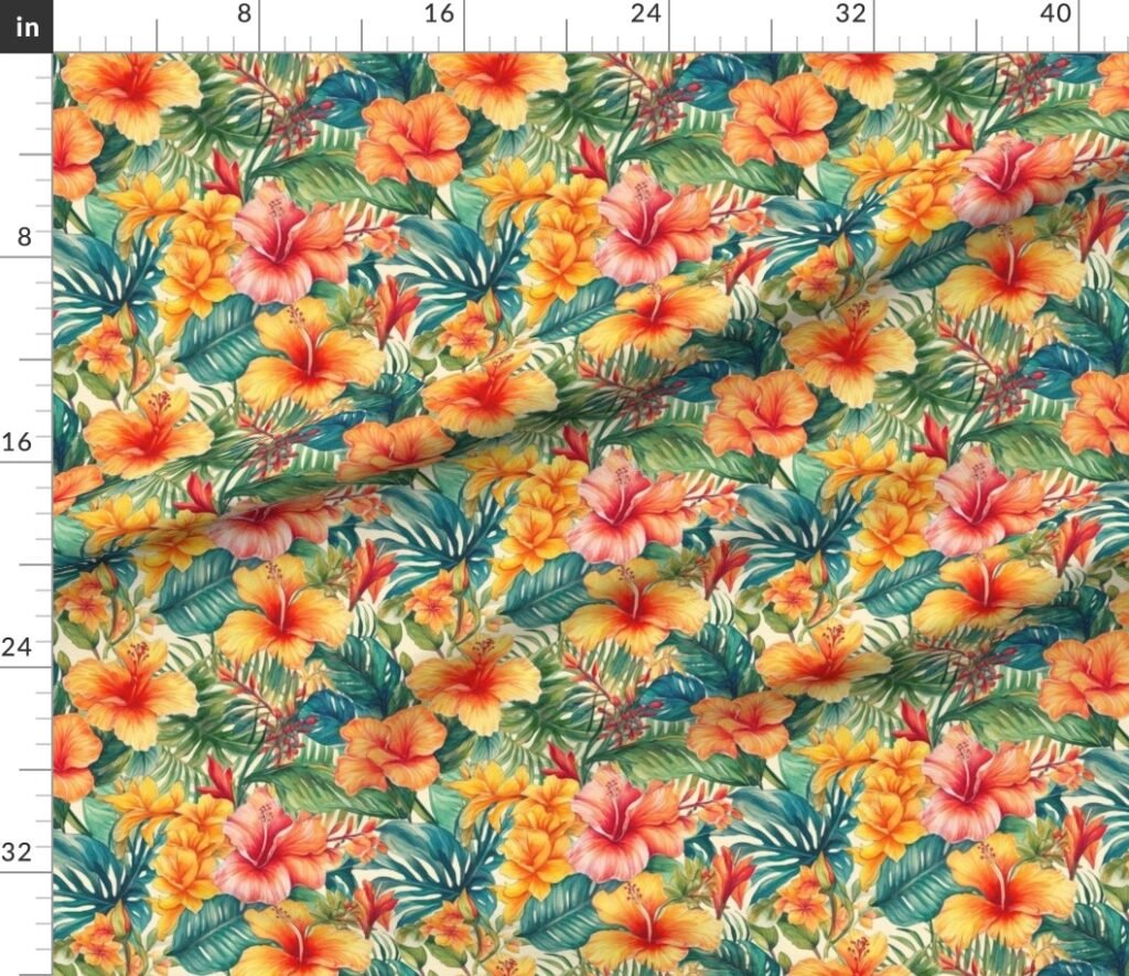 Bright Vintage Hawaiian Hibiscus Watercolor in Coral and Pink Fabric design