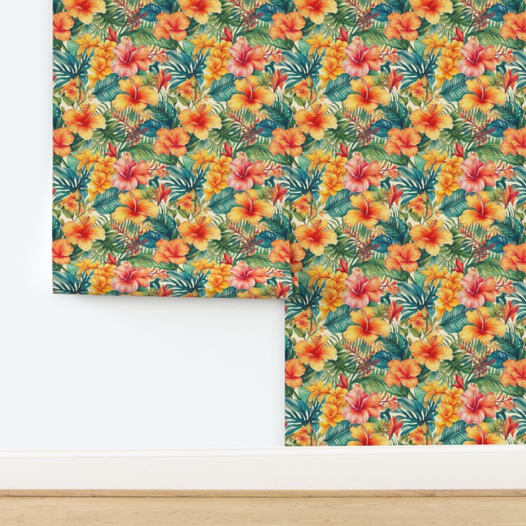 Bright Vintage Hawaiian Hibiscus Watercolor in Coral and Pink Wallpaper design
