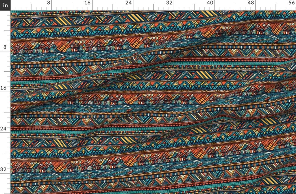 Tribal Mudcloth Boho Ethnic Print in Aqua Teal Gold and Orange Fabric design