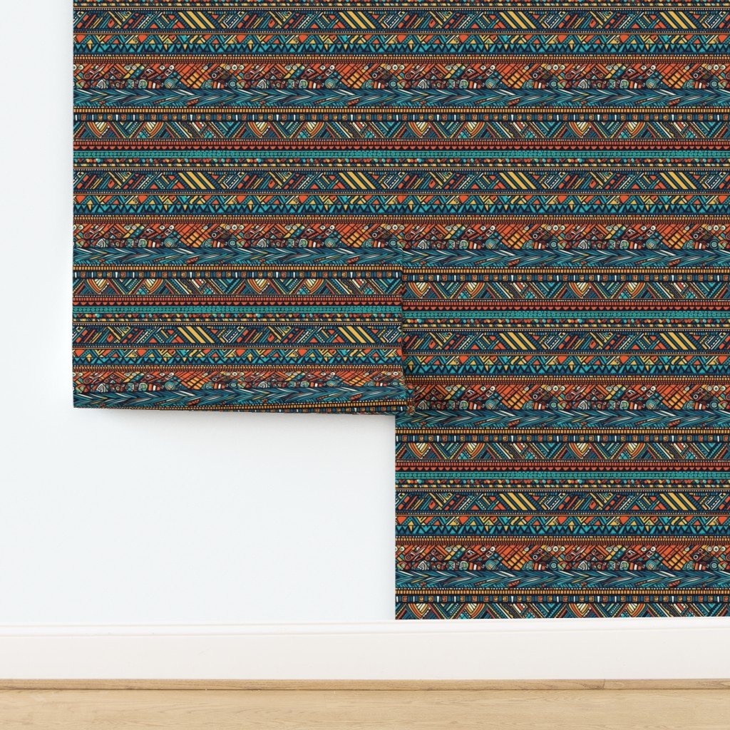 Tribal Mudcloth Boho Ethnic Print in Aqua Teal Gold and Orange Wallpaper design