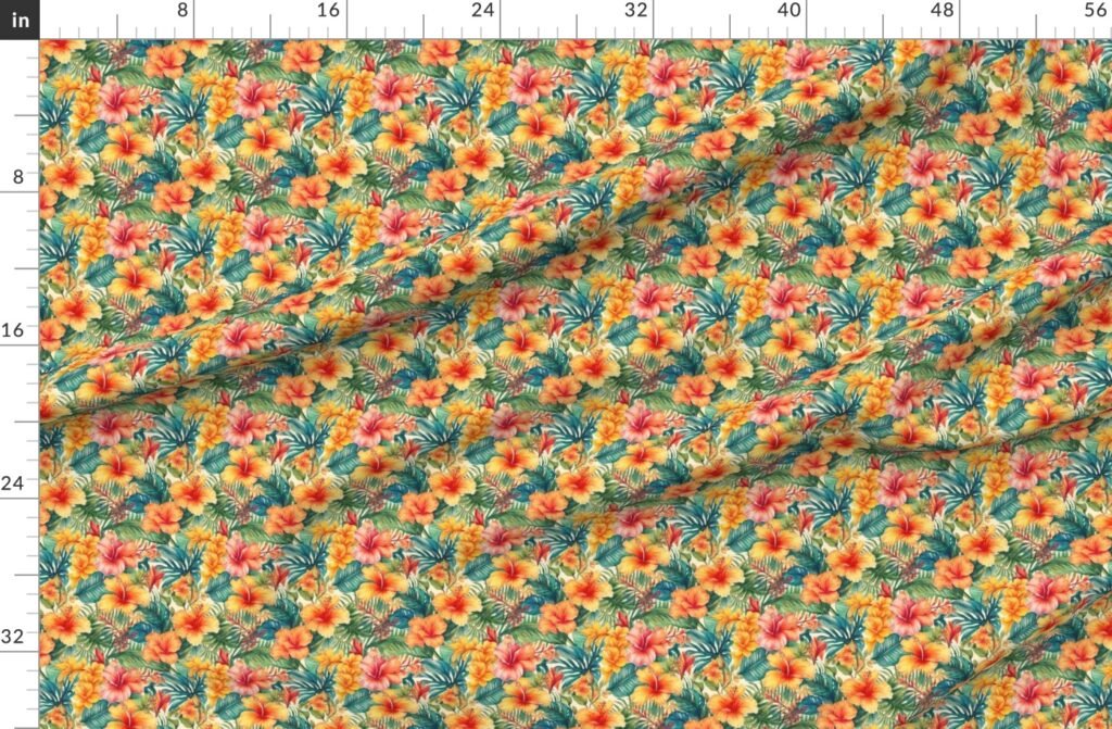 Small Bright Vintage Hawaiian Hibiscus Watercolor in Coral and Pink Fabric design