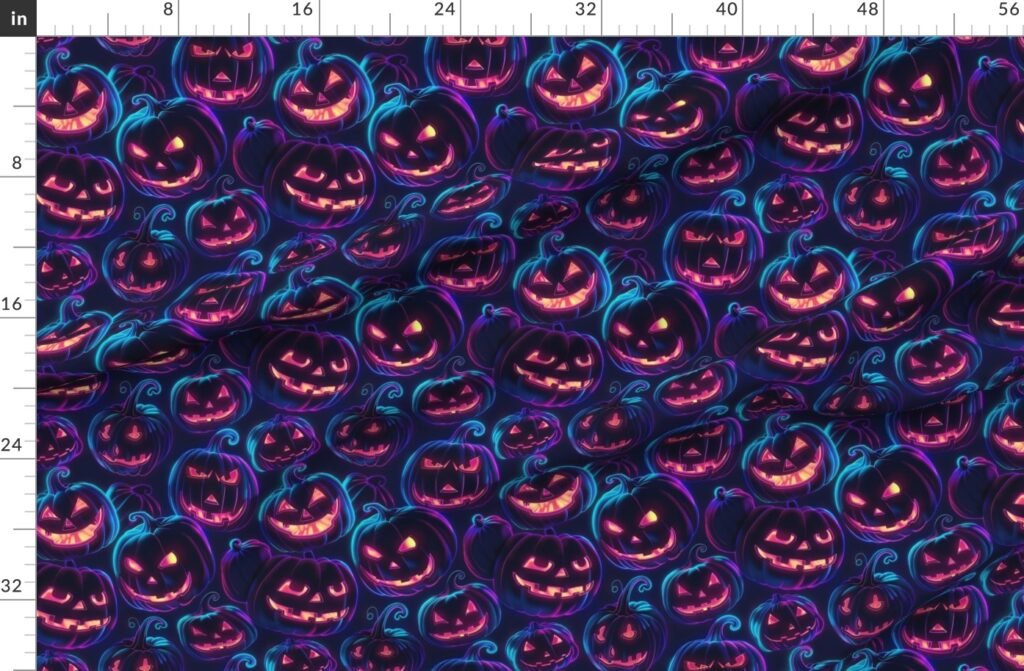 Neon Orange Halloween Pumpkins Glowing in the Dark Fabric design