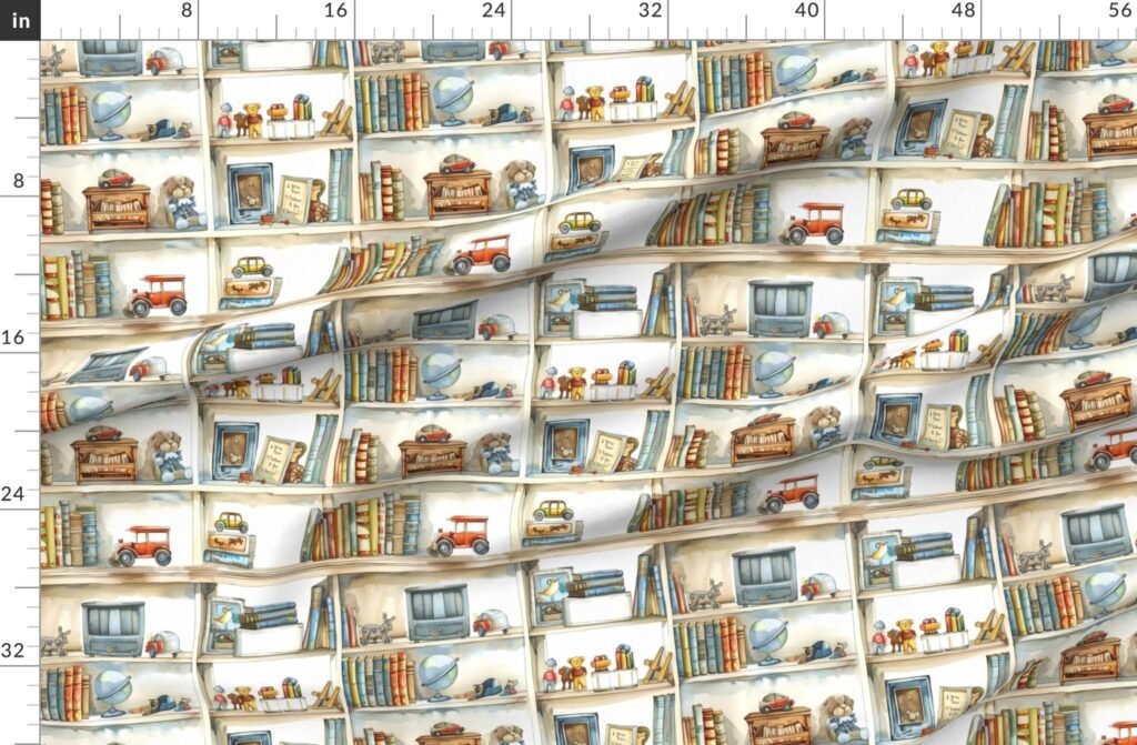Vintage Bookcase with Classic Boys' Toys in Watercolor Fabric design