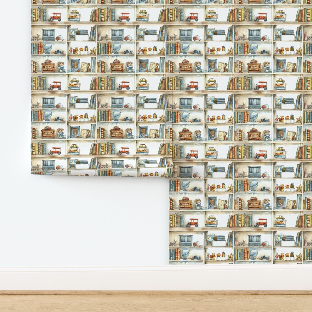 Vintage Bookcase with Classic Boys' Toys in Watercolor Wallpaper design