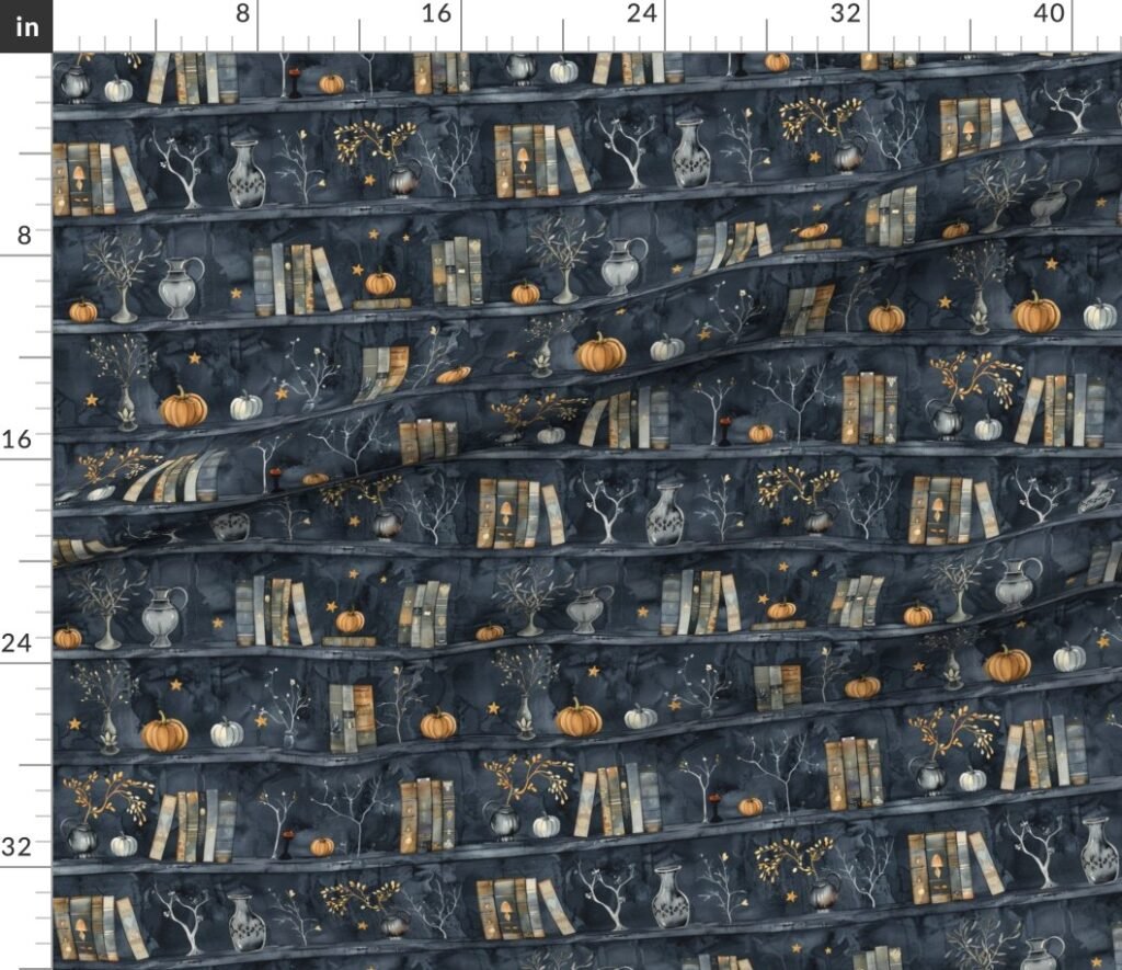 Dark Blue Halloween Pumpkins and Vases on Vintage Bookcase Fabric design