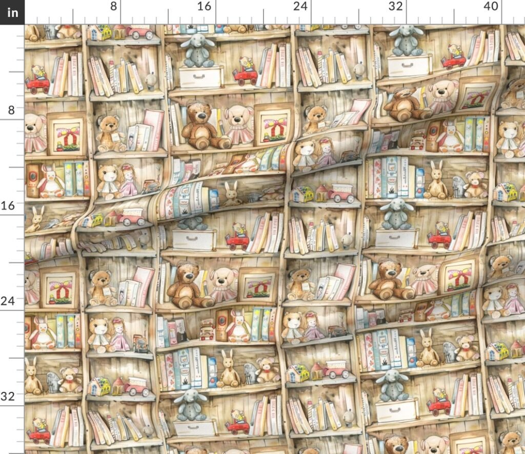 Vintage Bookcase with Teddy Bears and Toys for Kids' Room in Fabric design