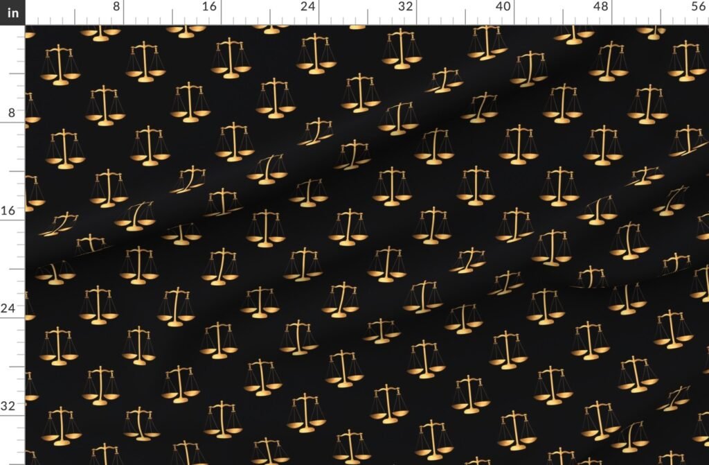Yellow Gold Scales Of Justice on Black Repeat Fabric design