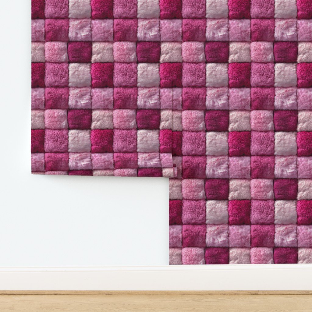 Large Hot Pink and Blush Faux Fur Patchwork Fabric - Luxurious Plush Wallpaper design