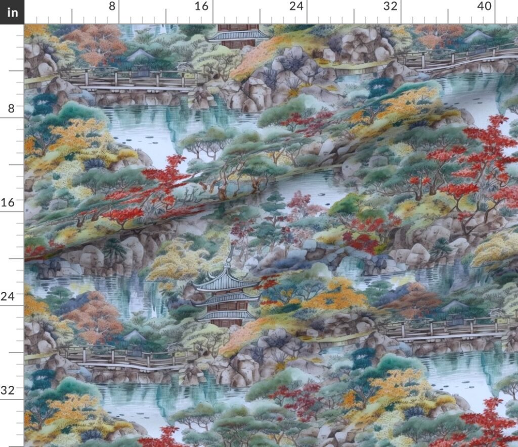 Japanese Autumn Water Garden Watercolor with Temples in Soft Blue and Fabric design