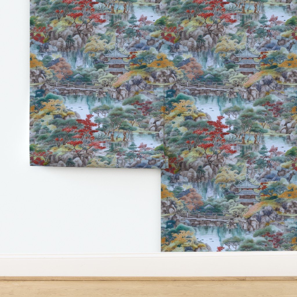 Japanese Autumn Water Garden Watercolor with Temples in Soft Blue and Wallpaper design