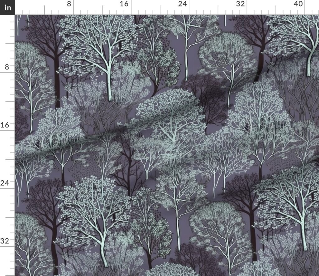 New England Endless Forest Trees in Twilight Blue Winter Fabric design