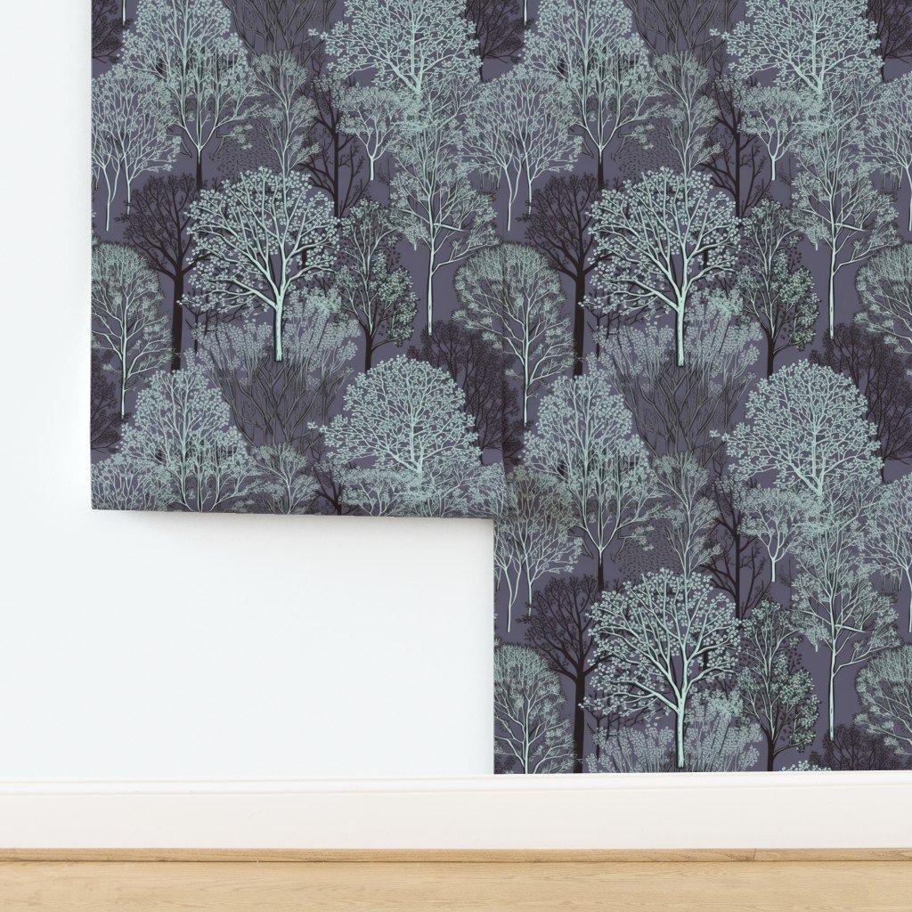 New England Endless Forest Trees in Twilight Blue Winter Wallpaper design