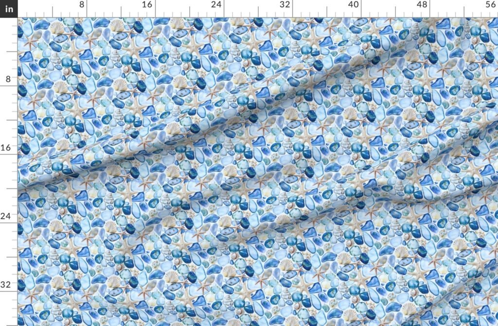 Watercolor Sea Glass Shells and Starfish Coastal Pattern in Seafoam Fabric design