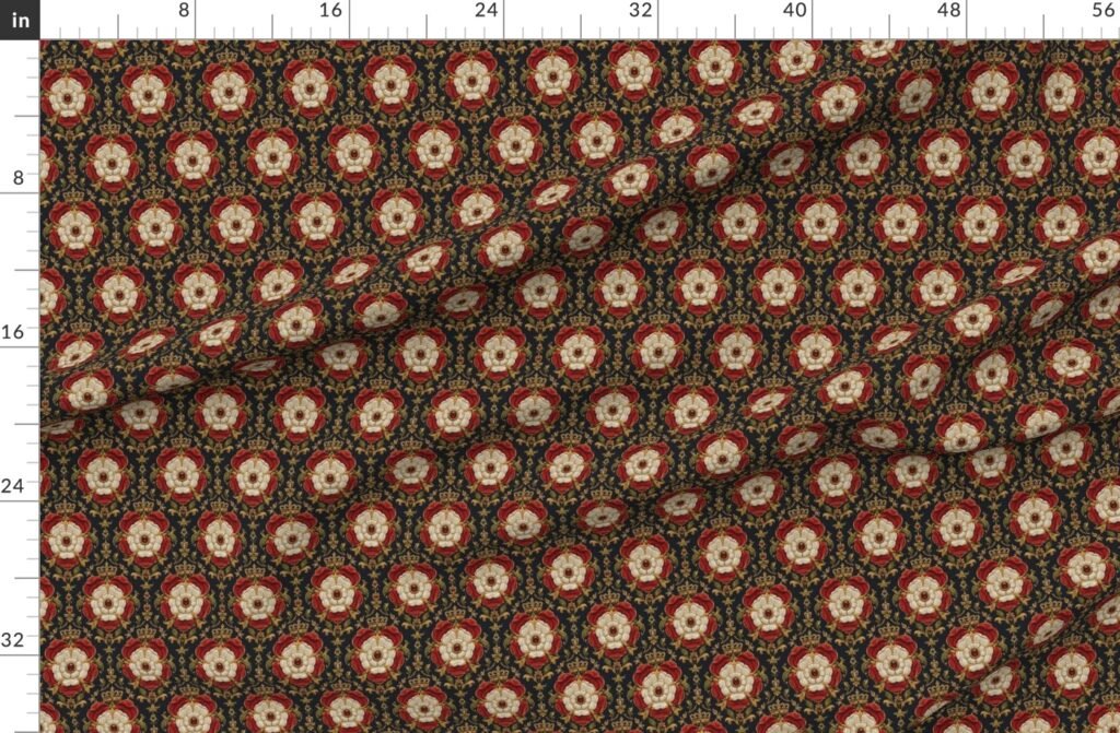 Royal Tudor Rose Crown Damask on Midnight Black Fabric design